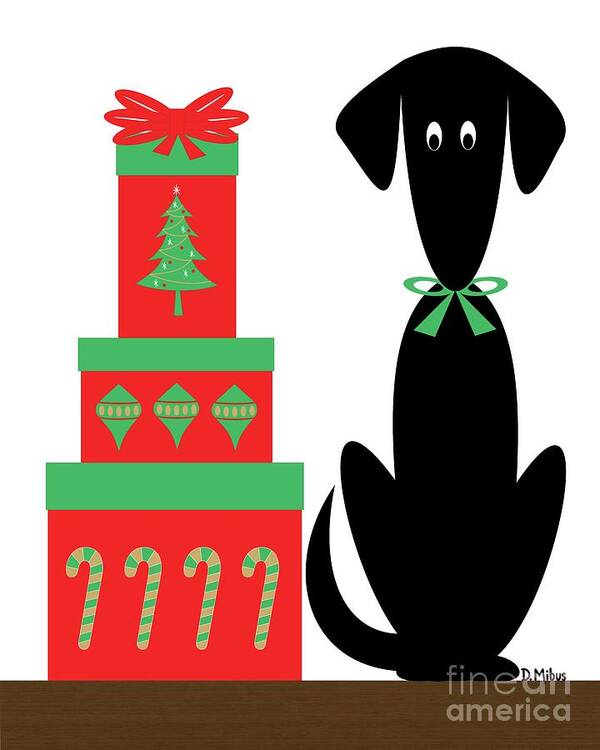 Mid Century Modern Poster featuring the digital art Mid Century Holiday Dog with Presents by Donna Mibus