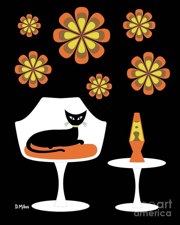 Mid Century Cat Poster featuring the digital art Mid Century Tulip Chair with Orange Mod Flowers by Donna Mibus