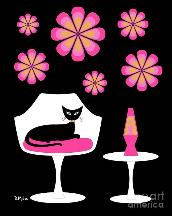 Mid Century Cat Poster featuring the digital art Mid Century Tulip Chair with Pink Mod Flowers by Donna Mibus