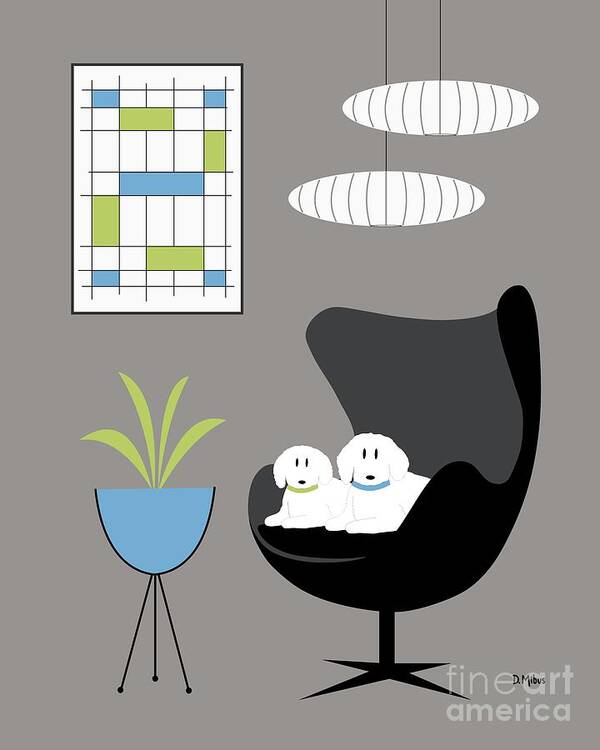 Mid Century Modern Poster featuring the digital art Mid Century White Dogs in Black Egg Chair by Donna Mibus