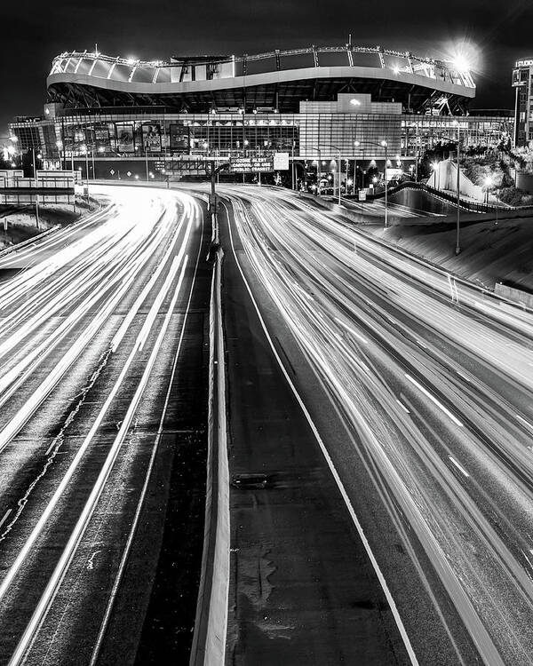 Denver Broncos Poster featuring the photograph Mile High Football Stadium Lights - Denver Colorado Black and White by Gregory Ballos