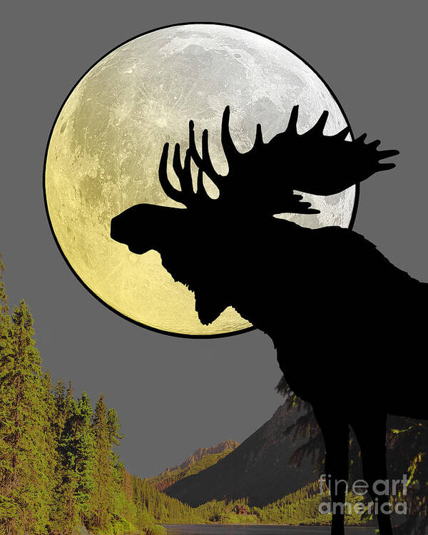 Moose Poster featuring the mixed media Moonlight Moose by Madame Memento