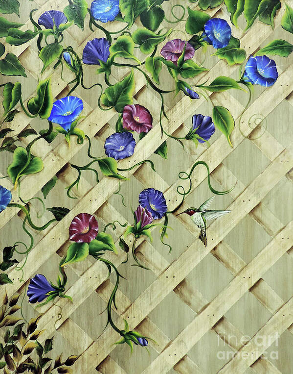 Morning Glories Poster featuring the painting Morning Glories on Lattice by Jimmie Bartlett