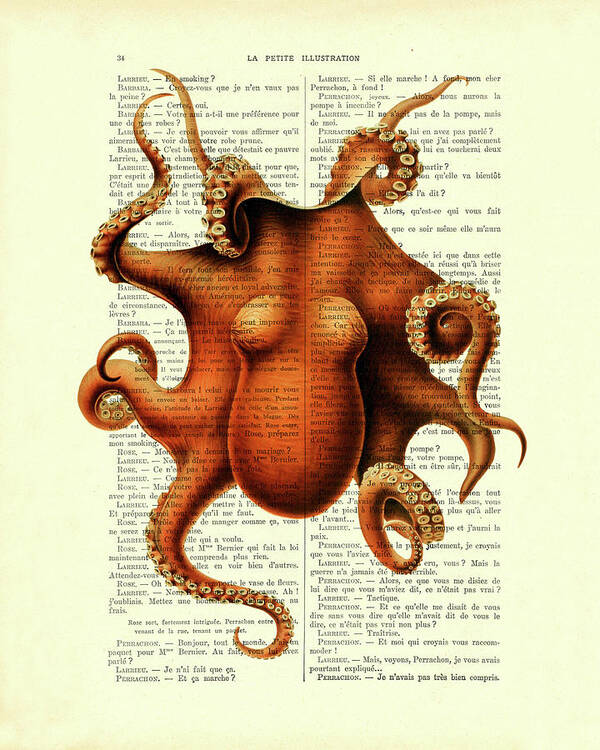Octopus Poster featuring the mixed media Orange Octopus by Madame Memento