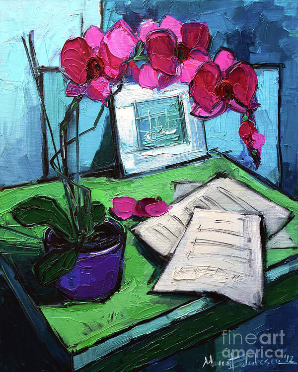 Orchid And Piano Sheets Poster featuring the painting Orchid And Piano Sheets by Mona Edulesco
