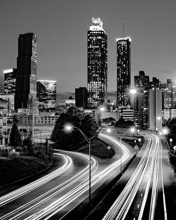 America Poster featuring the photograph Parkway Light Trails and Atlanta Skyline in Black and White by Gregory Ballos