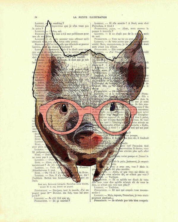 Pig Poster featuring the mixed media Piglet with pink glasses by Madame Memento