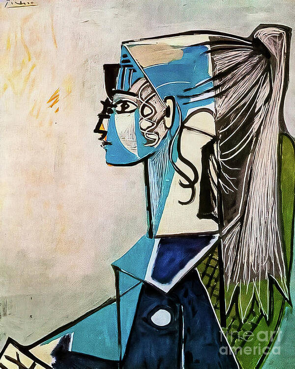 Portrait Poster featuring the painting Portrait of Sylvette David on a Green Chair by Pablo Picasso 195 by Pablo Picasso