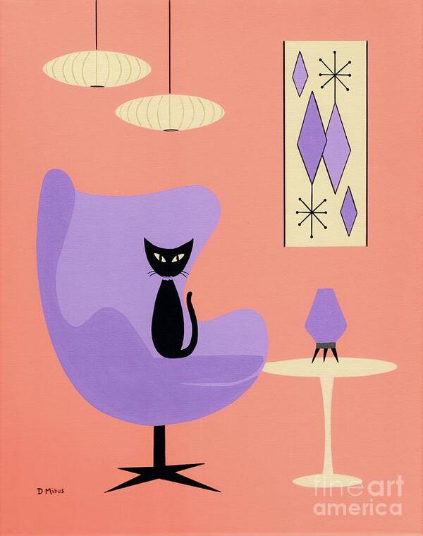 Mid Century Modern Black Cat Poster featuring the mixed media Purple Egg Chair with Diamonds by Donna Mibus