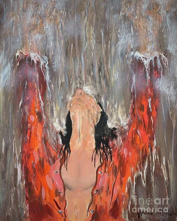 Rain Woman Water Waterfall Wet Shower Orange Black Hair Hands Up Drops Acrylic On Canvas Miroslaw Chelchowski Painting Print Poster featuring the painting Rain by Miroslaw Chelchowski