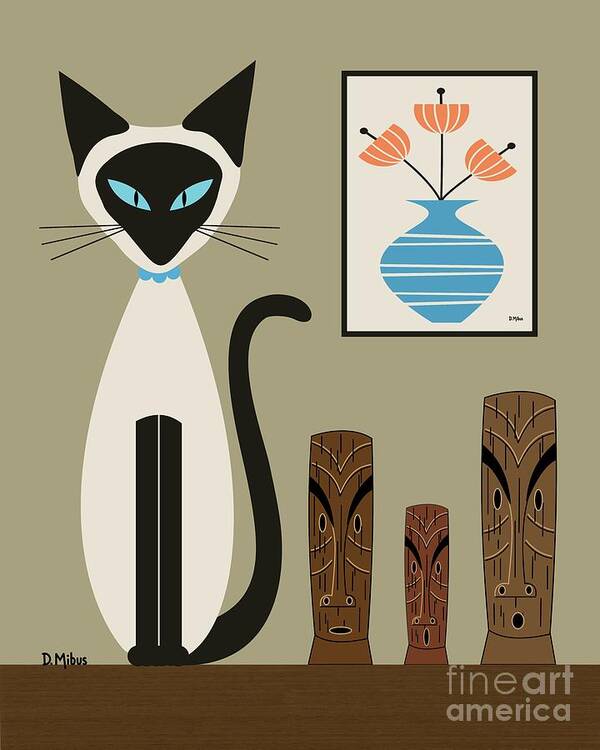 Mid Century Cat Poster featuring the digital art Retro Siamese with Tikis by Donna Mibus