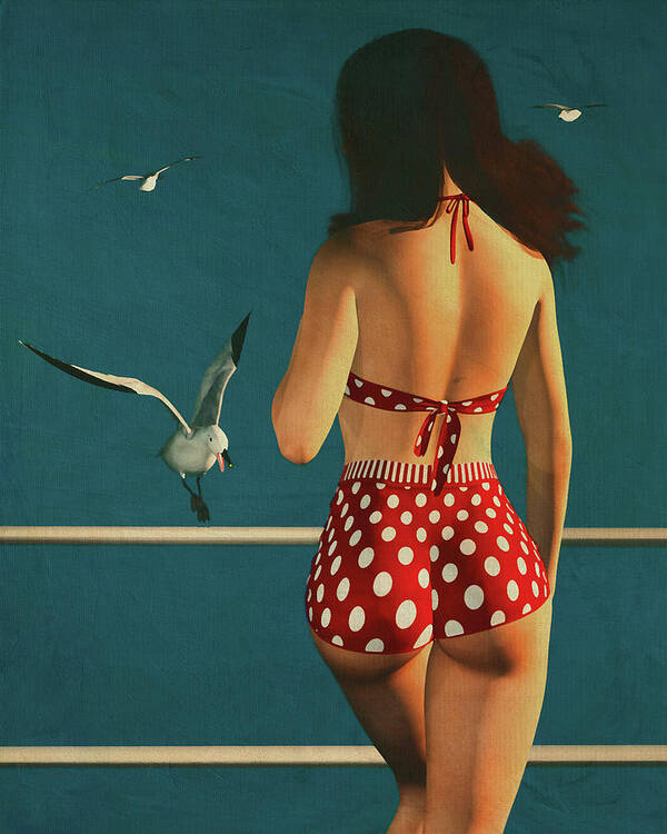 Acrylic On Canvas Poster featuring the digital art Retro Style Painting of a Girl Wearing a Bikini by Jan Keteleer