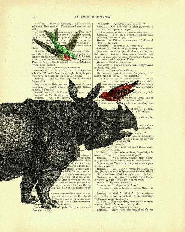 Rhino Poster featuring the mixed media Rhino with birds by Madame Memento