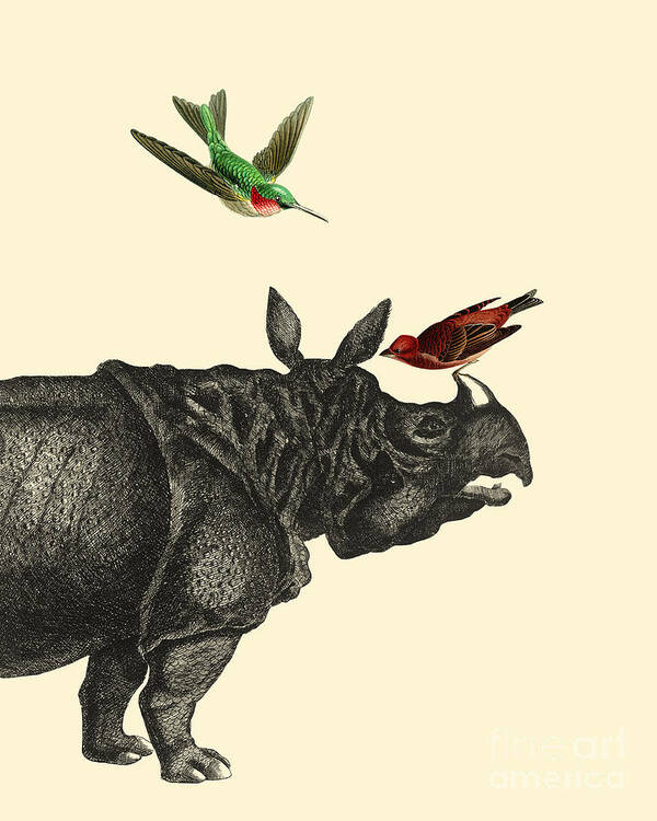 Rhino Poster featuring the digital art Rhinoceros with birds art print by Madame Memento