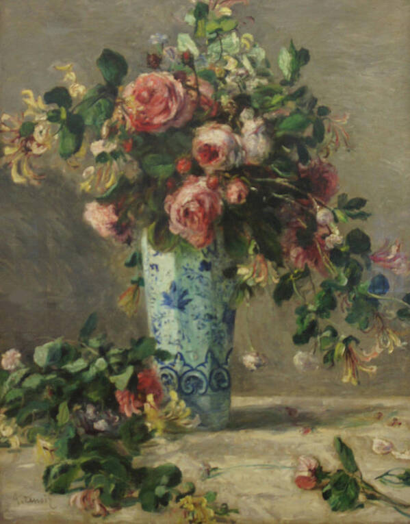 Pierre Auguste Renoir Poster featuring the painting Roses and Jasmine in a Delft Vase by Pierre Auguste Renoir