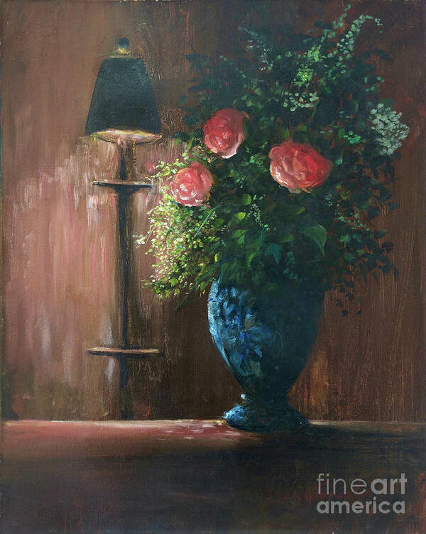 Roses Poster featuring the painting Roses in a Blue Vase by Lizzy Forrester