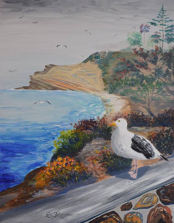 La Jolla Poster featuring the painting Seagull at Shell Beach by Eric Johansen