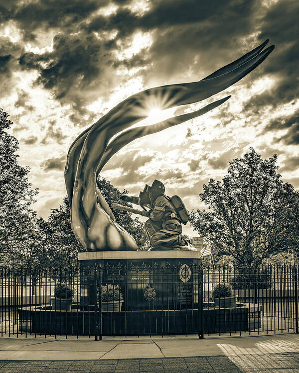 Cleveland Ohio Poster featuring the photograph Sepia Sunrise At The Cleveland Fire Fighters Memorial by Gregory Ballos