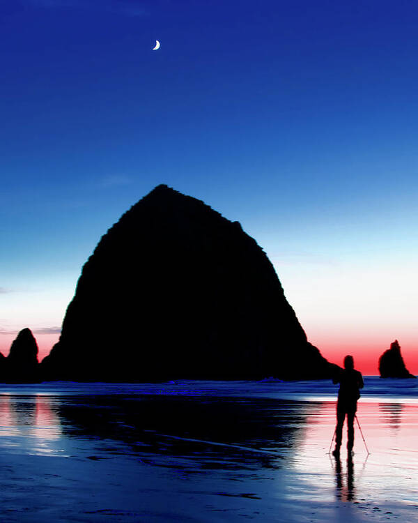 Haystack Rock Poster featuring the photograph Silhouetted Photographer at the Beach by Todd Kreuter