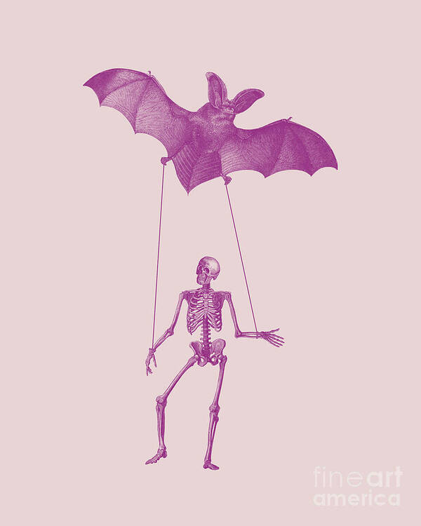 Skeleton Poster featuring the mixed media Skeleton puppet with bat by Madame Memento