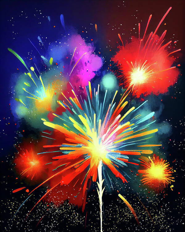 Abstract Poster featuring the digital art Skies Aglow With Fireworks by Mark E Tisdale