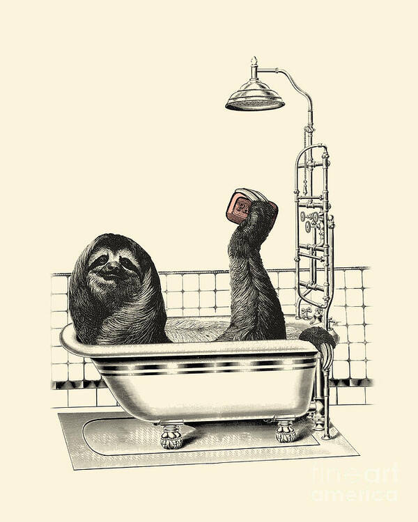 Sloth Poster featuring the digital art Sloth in bathtub taking a shower by Madame Memento