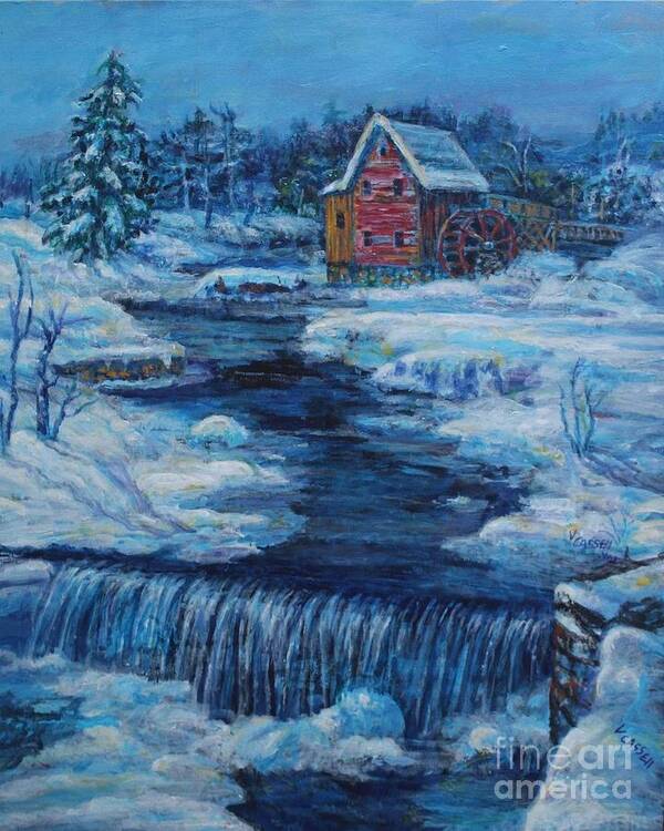 Old Mill Poster featuring the painting Snow Scene Old Grist Mill by Veronica Cassell vaz
