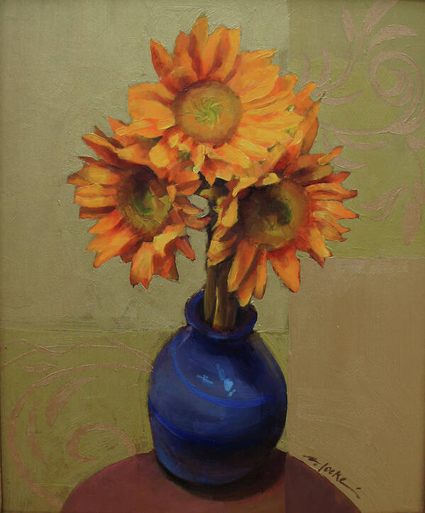 Sunflowers Poster featuring the painting Sunflowers in a blue vase by Cathy Locke