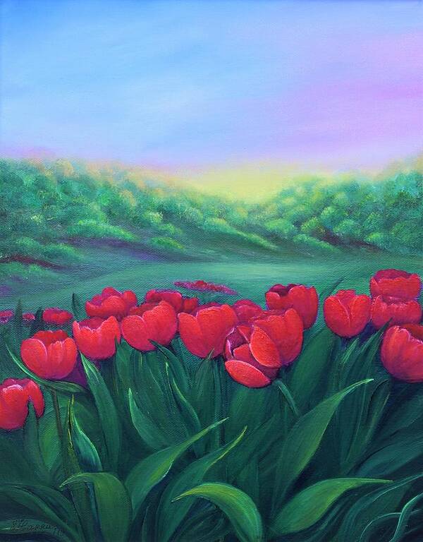 Tulips Wall Art Home Décor Art For Sale Oil Painting Original Art Framed Picture Art For Sale Red Tulips Wall Décor Gift Idea Sunrise Beautiful Day Canvas Oil Painting On Canvas Art Poster featuring the painting Sunrise by Tanya Harr