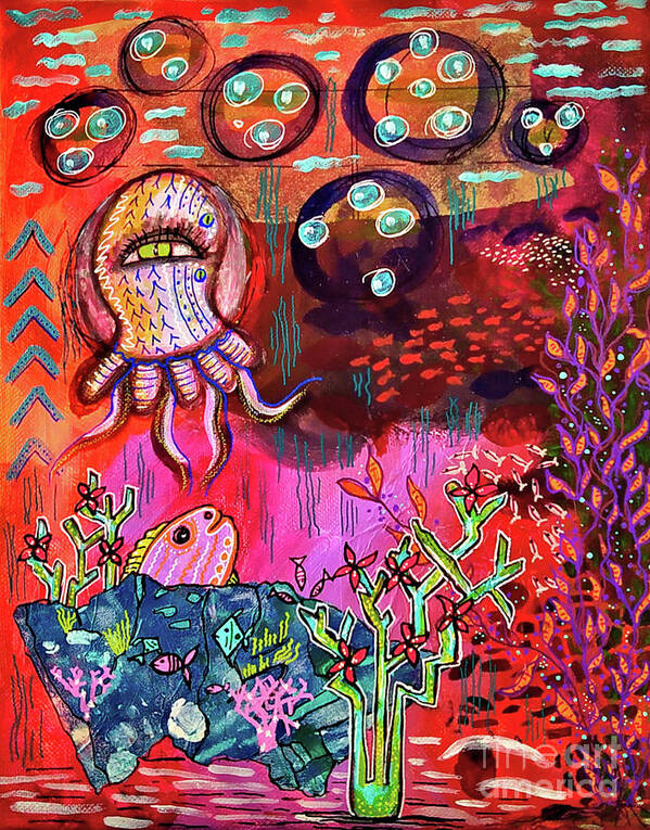 Outsider Art Poster featuring the mixed media Sunset at the Bottom of the Ocean by Mimulux Patricia No