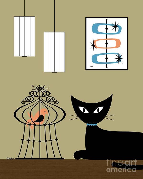Mid Century Modern Poster featuring the digital art Tabletop Cat with Bird Cage by Donna Mibus
