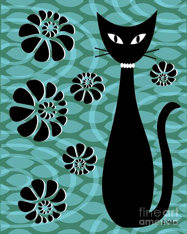 Abstract Cat Poster featuring the digital art Teal Mod Cat 2 by Donna Mibus