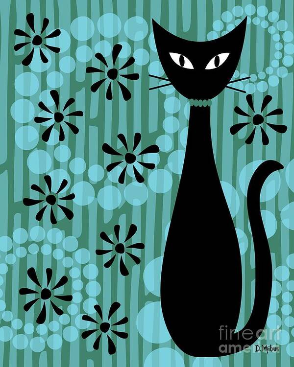 Abstract Cat Poster featuring the digital art Teal Mod Cat by Donna Mibus