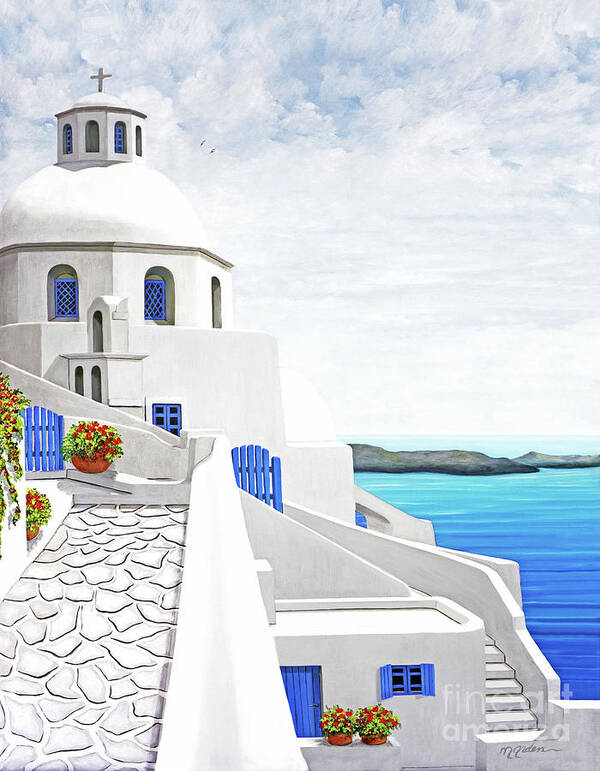 Santorini Poster featuring the painting The Face of Santorini-Print of painting-wider view by Mary Grden