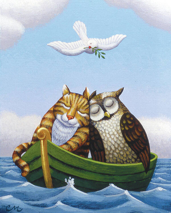 The Owl And The Pussycat Owl Cat Peace Dove Poster featuring the painting The Owl and the Pussycat by Chris Miles