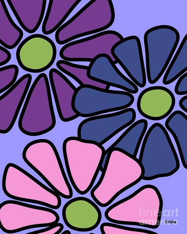 Flower Power Poster featuring the digital art Three Mod Flowers by Donna Mibus