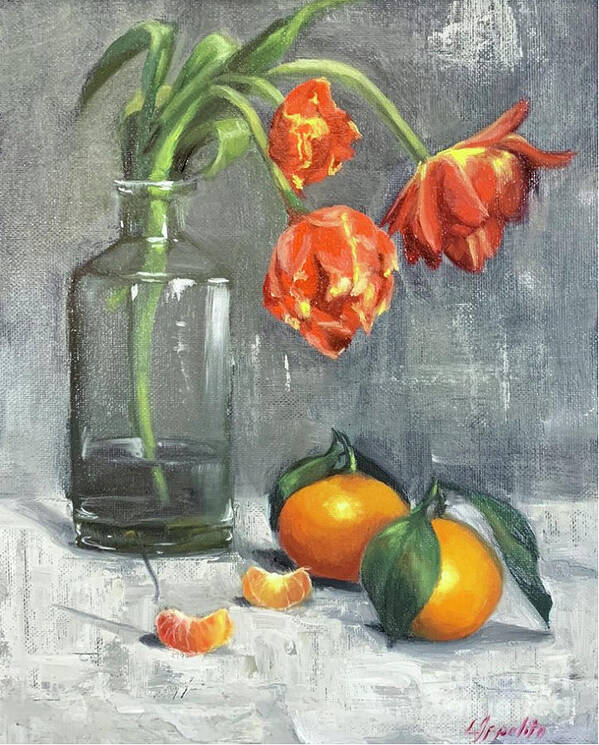 Stilllife Poster featuring the painting Tulips with Mandarins by Lori Ippolito