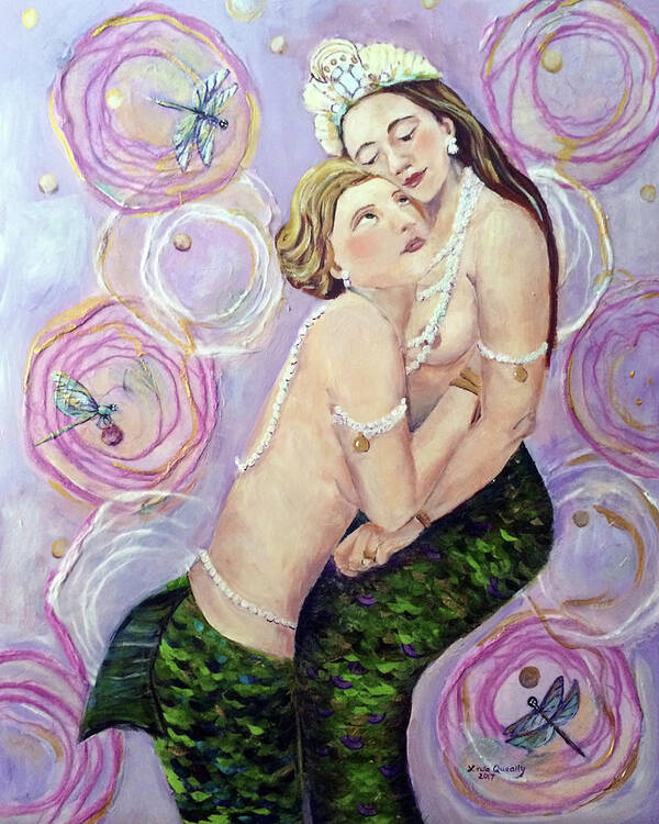 Mermaid Poster featuring the painting Two Mermaids in Pink by Linda Queally by Linda Queally