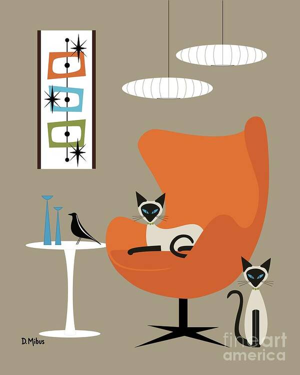 Mid Century Cat Poster featuring the digital art Two Siamese in Mid Century Orange Chair by Donna Mibus