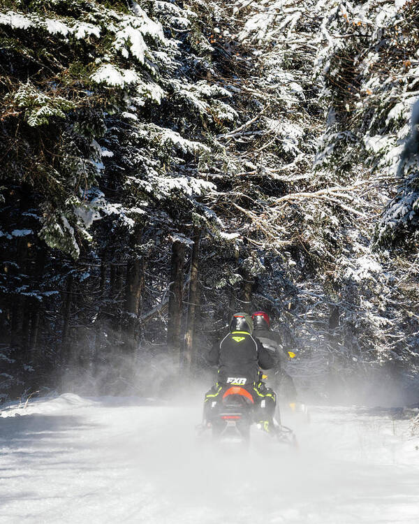 America Poster featuring the photograph Two Snowmobiles Heading Down The Trail - Pittsburg, New Hampshire by John Rowe