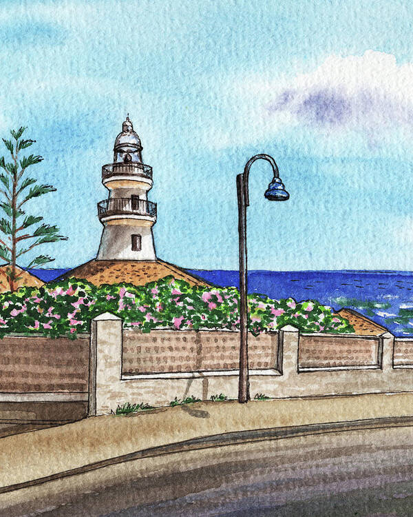 Lighthouse Poster featuring the painting Valencia Spain Lighthouse Faro De Cullera Watercolor by Irina Sztukowski
