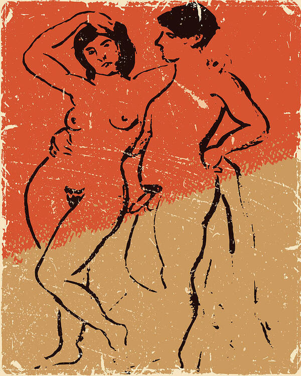 Relationship Poster featuring the drawing Vintage Poster Of A Naked Couple. Male And Female Nude Illustration, Minimalist Naked Man And Woman by Mounir Khalfouf