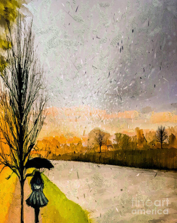 Rain Poster featuring the mixed media Walking in the Rain by Laurie's Intuitive