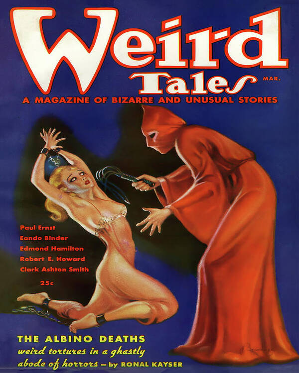 Weird Tales; Covers; Illustrations; Vintage; Pulp; Fiction; Magazine; Sci Fi; Fantasy; Comic; Cover Art; Science Fiction; Pulp Art; Cover; Horror; Retro; Graphic Art; Scifi; Amazing; Risque; Supernatural; Magic; Witchcraft; Devil Poster featuring the digital art Weird Tales March 1936 The Albino Deaths by Anthony Murphy