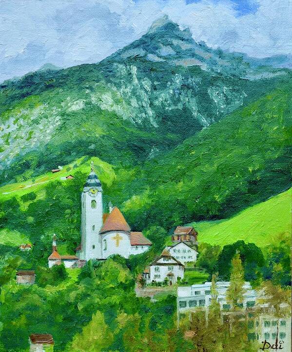 Railway Poster featuring the painting White Church above Fluelen Switzerland by Dai Wynn