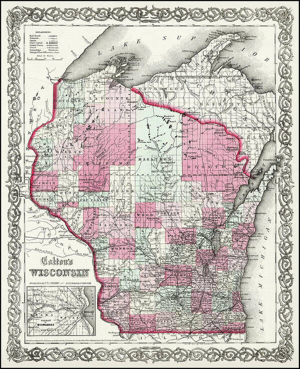 Wisconsin Poster featuring the photograph Wisconsin Vintage Map 1865 by Carol Japp