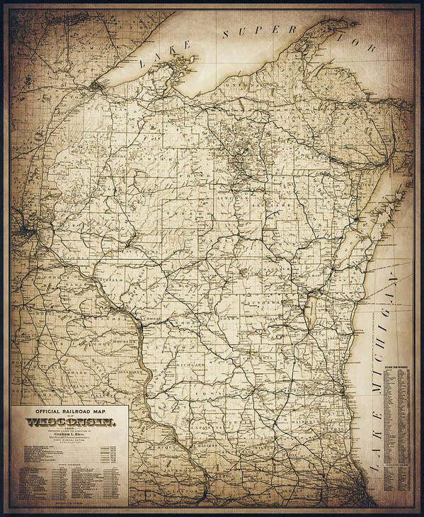 Wisconsin Map Poster featuring the photograph Wisconsin Vintage Railroad Map 1900 Sepia by Carol Japp