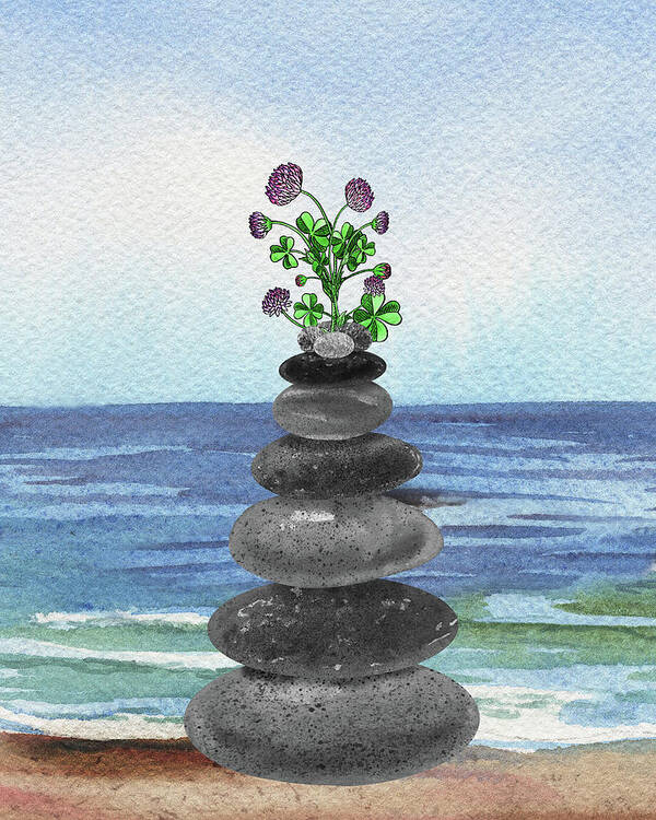 Cairn Rocks Poster featuring the painting Zen Rocks Cairn Meditative Tower And Lucky Clover Flower Watercolor by Irina Sztukowski