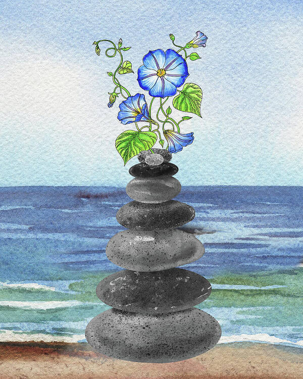 Zen Rocks Poster featuring the painting Zen Rocks Cairn Meditative Tower And Morning Glory Flower Watercolor by Irina Sztukowski