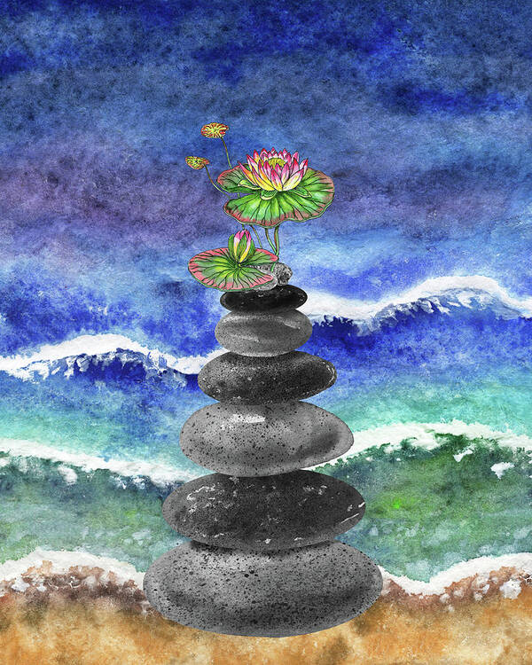 Zen Rocks Poster featuring the painting Zen Rocks Cairn Meditative Tower Water Lily Flower Watercolor by Irina Sztukowski